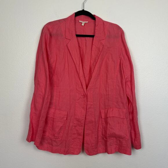 Eileen Fisher Irish Linen Relaxed Single Button Pocket Front Coral Blazer Large - Picture 1 of 6